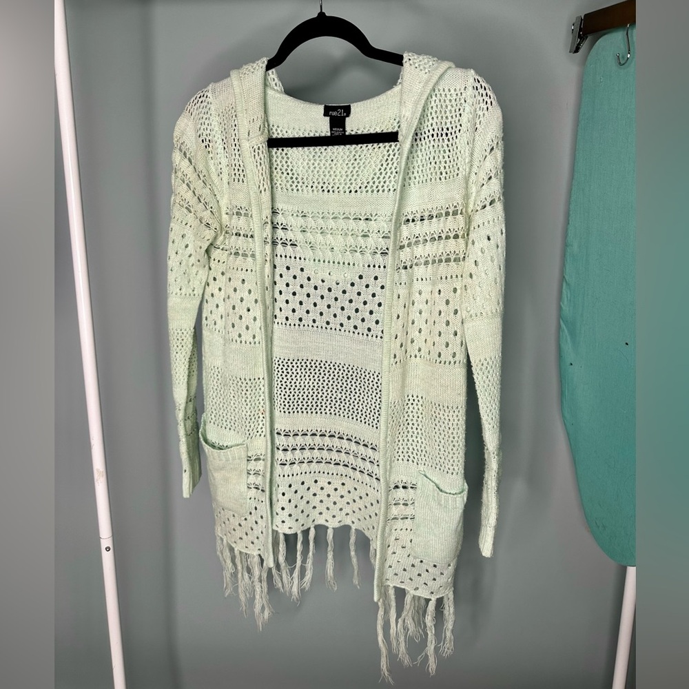 Rue21 Mint Green Boho Crochet Hooded Fringe Cardigan Size Medium